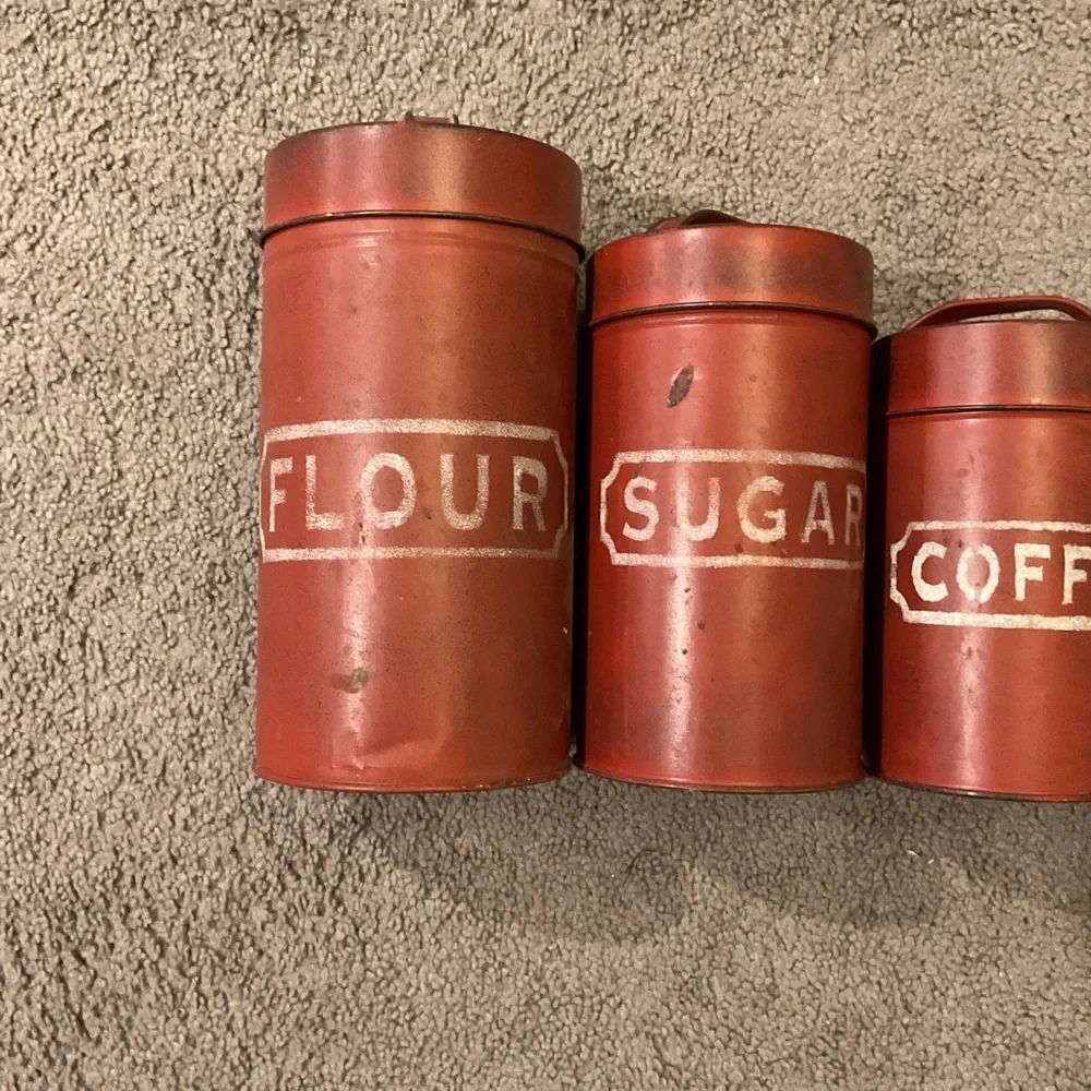 Vintage Flour Sugar Coffee Tea Red Metal Canister Set of 4 Tins Farmhouse w/Lids